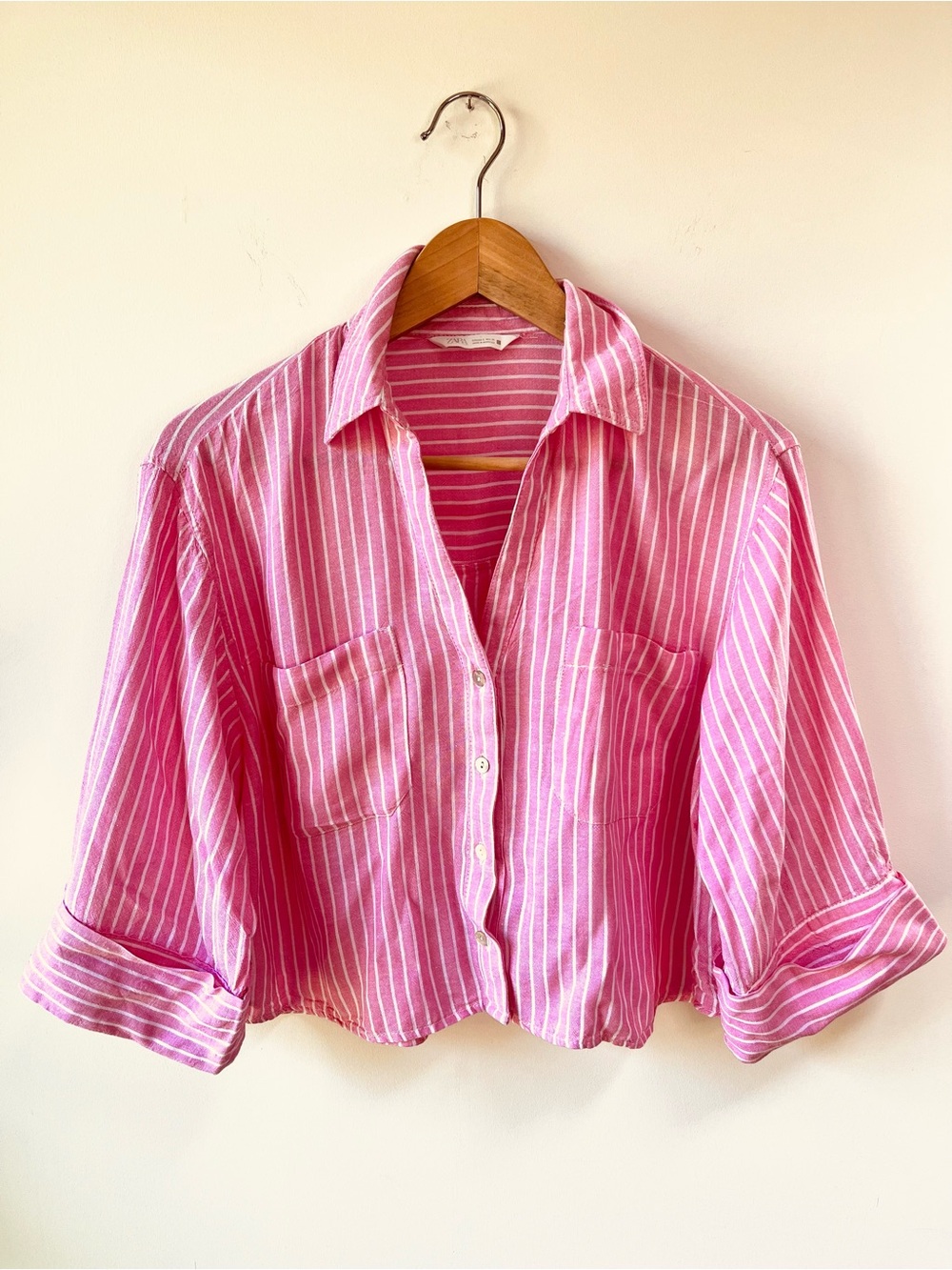Zara Cropped Pink & White Striped Linen Blend Button-Up Shirt Small but Roomy